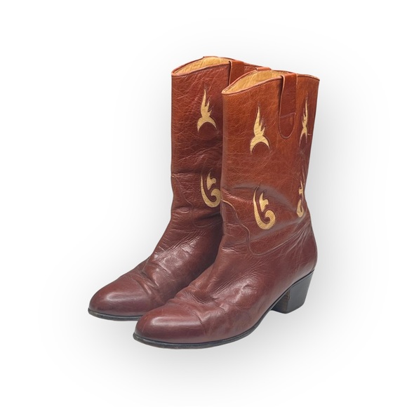 Vintage 70’s: Pierre Cardin  Leather Western Inspired Cut Out Boots  Cognac 9M - Picture 7 of 16